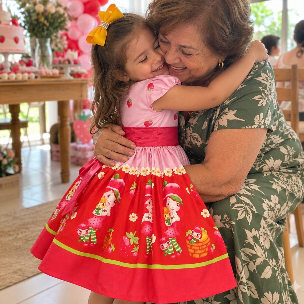 Menina de Moranguinho abraçando a avó