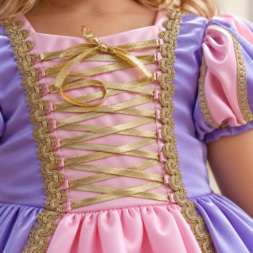 Pala do vestido com amarração de fitas e galão dourado