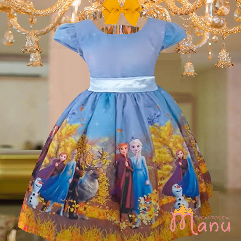 Vestido infantil Frozen 2 com Elsa e Anna - luxuoso