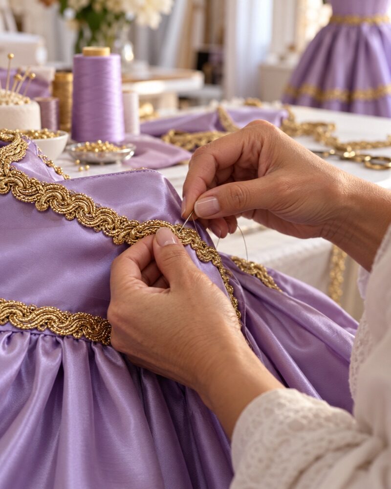 Mãos costurando galão dourado em cetim lilás no ateliê